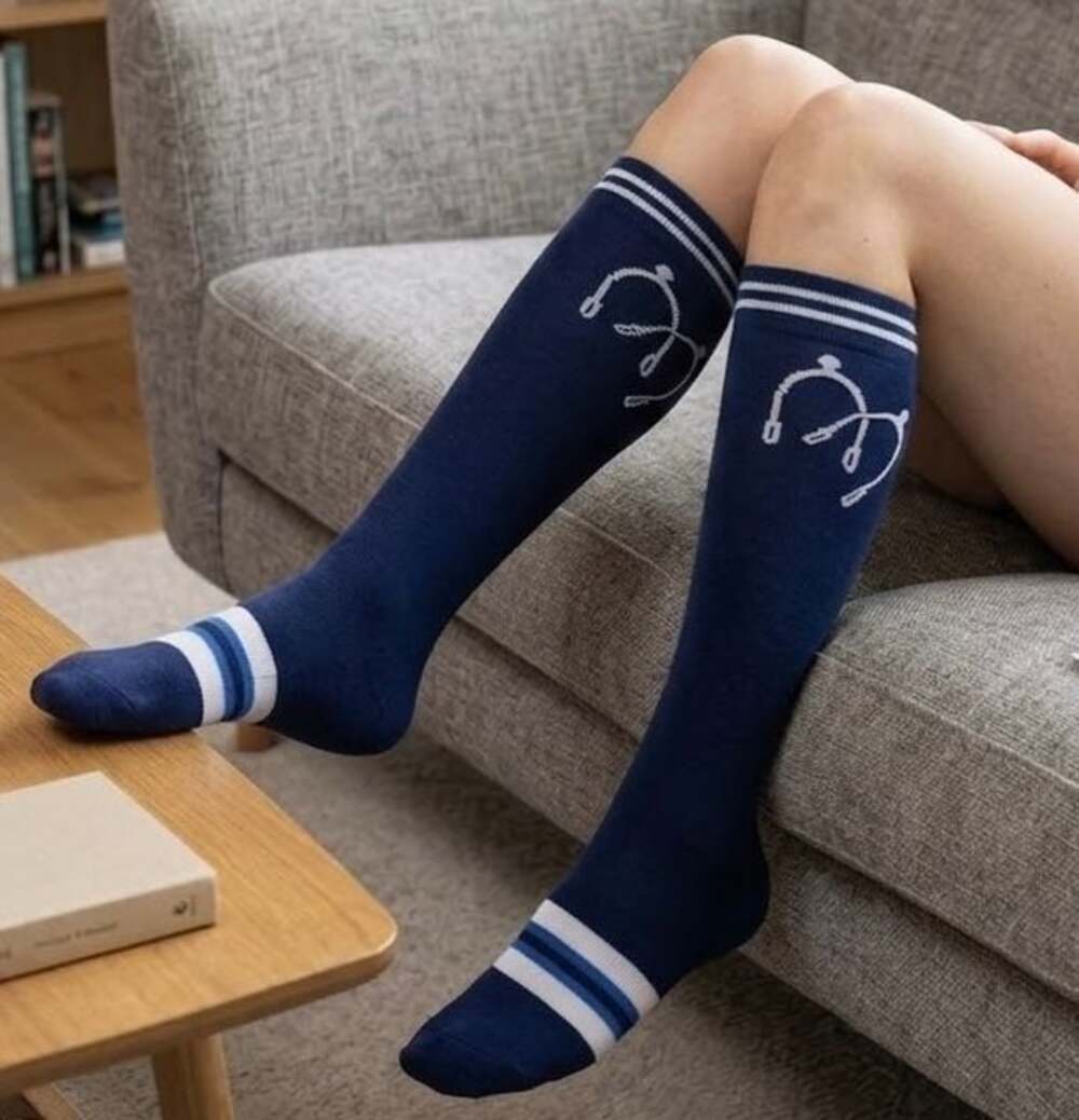 Navy Blue Knee High Socks With White Striped Top And Stethoscope Graphic